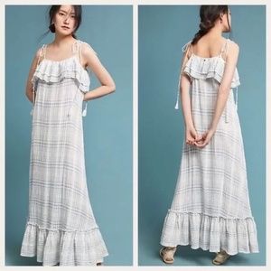 Antik Batik Anthropologie Tony Ruffle Cotton Maxi Dress Blue White M